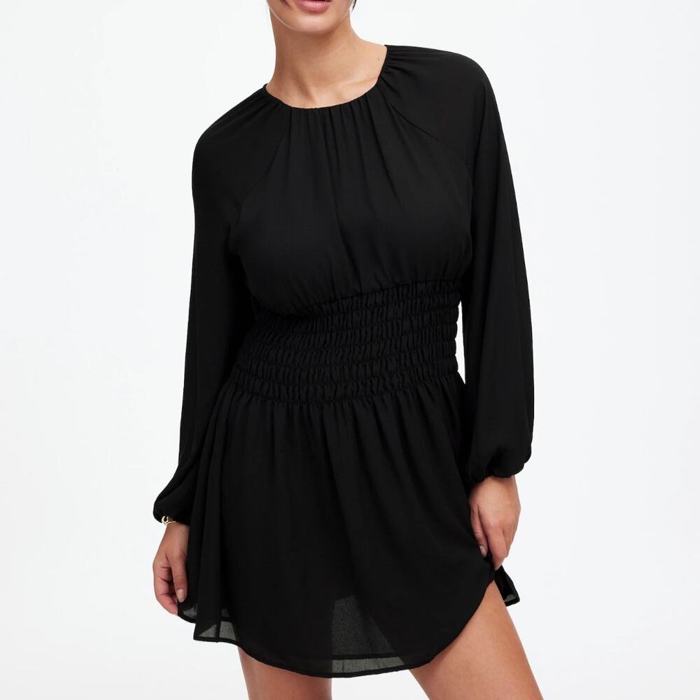 Madewell Bubble Sleeve Smocked Mini Dress Chiffon True Black Long Sleeve Medium